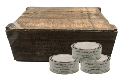 GI Dated 1944 US Military WWII Impregnite Shoe Waterproofing And Protection – In Original Wooden Crate – Case Of 48
